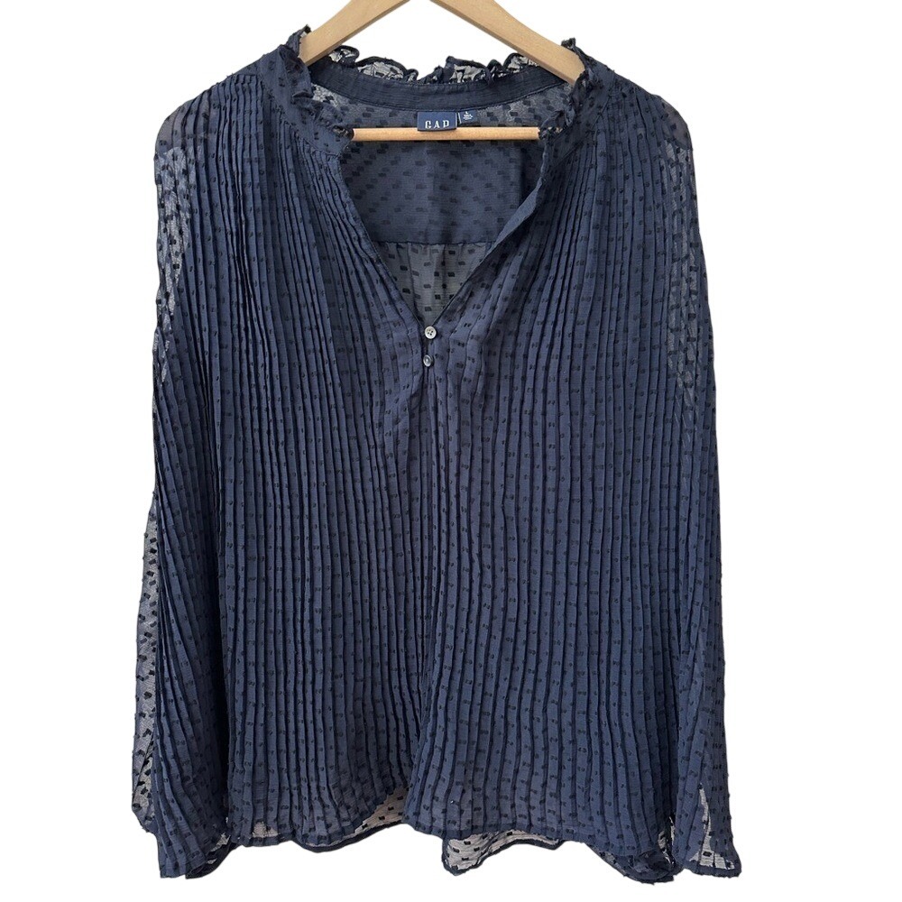 Gap Blouse Large Tall Navy Blue Pleated Swiss Dot Balloon Sleeve Romantic Top
